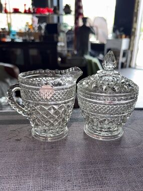 Vintage Anchor Hocking creamer pitcher and lidded sugar dish
